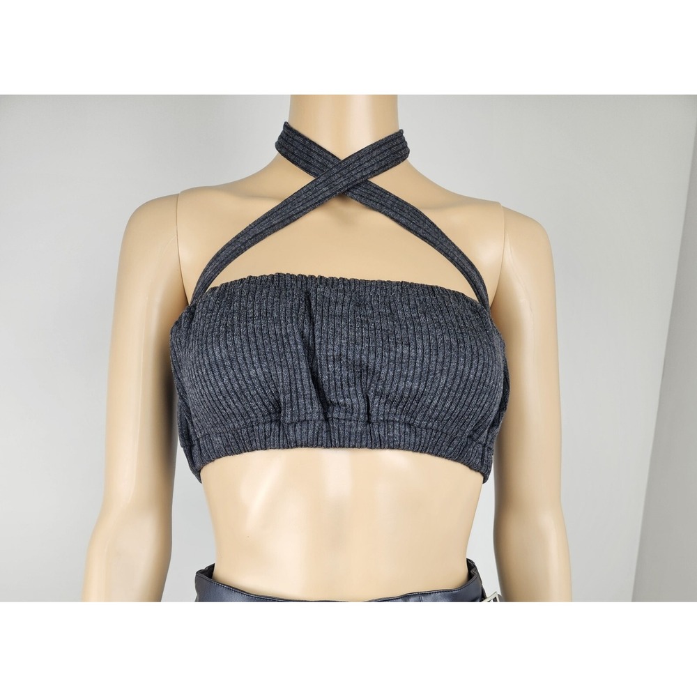 WeWoreWhat Tie Halter Bra Top Wide Rib Black Medium